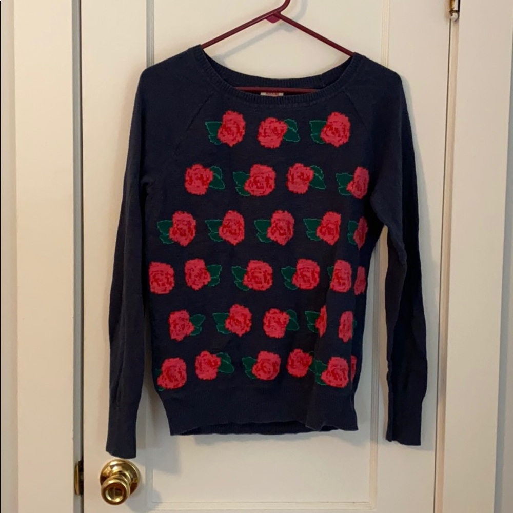 Blue sweater with pink roses